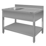 Nerūsējošā tērauda galds pie sienas ar izlietni kreisajā pusē un plauktu Mega-M S-140 cm G-70 cm H-85 cm N