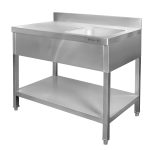 Nerūsējošā tērauda galds pie sienas ar izlietni labajā pusē un plauktu Mega-M S-120 cm G-70 cm H-85 cm N