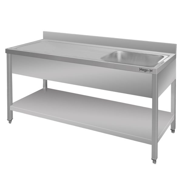 Nerūsējošā tērauda galds pie sienas ar izlietni labajā pusē un plauktu Mega-M S-160 cm G-60 cm H-85 cm N