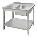 Nerūsējošā tērauda galds pie sienas ar izlietni labajā pusē un plauktu metināts Mega-M S-100 cm G-60 cm H-85 cm N
