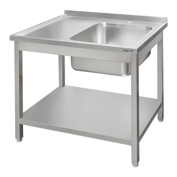 Nerūsējošā tērauda galds pie sienas ar izlietni labajā pusē un plauktu metināts Mega-M S-100 cm G-60 cm H-85 cm N