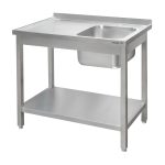 Nerūsējošā tērauda galds pie sienas ar izlietni labajā pusē un plauktu metināts Mega-M S-120 cm G-60 cm H-85 cm N