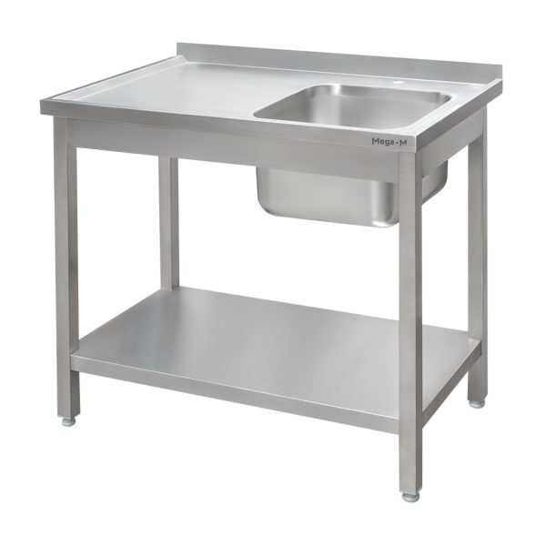 Nerūsējošā tērauda galds pie sienas ar izlietni labajā pusē un plauktu metināts Mega-M S-120 cm G-60 cm H-85 cm N