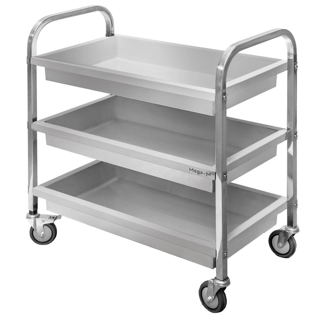 1111202569135a2a8fa05.jpeg Viesmīļu ratiņi no nerūsējošā tērauda 3-plauktu dziļie Mega-M S-85 cm G-45 cm H-90 cm N - Image 1