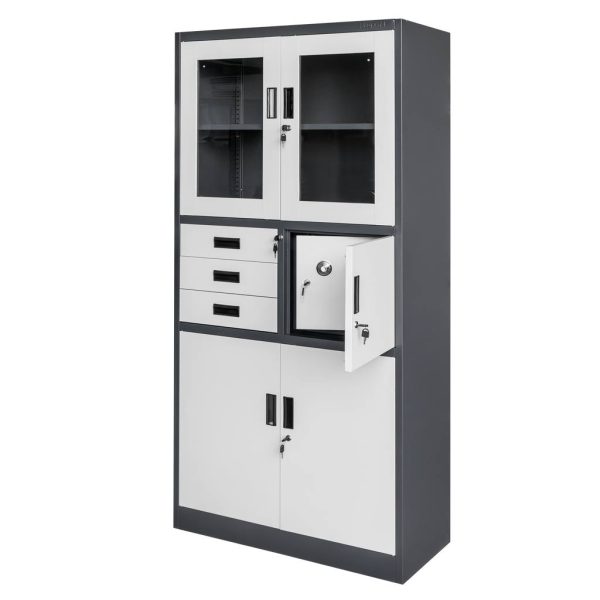 Metāla biroja skapis Mega-M WENUS W-15 dokumentiem stiklots ar seifu grafīta / pelēka priekšpuse S- 90 cm G- 40 cm H-185 cm skrūvējams N