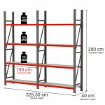 Noliktavas plaukts ar 4 plauktiem Mega-M FORTIS H-200 cm L-325,50 cm G-40 cm komplekts ( 2 moduļi x 150 cm) N