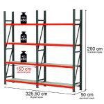Noliktavas plaukts 4-plauktu Mega-M FORTIS H-200 cm L-325,50 cm G-50 cm komplekts ( 2 moduļi x 150 cm) N