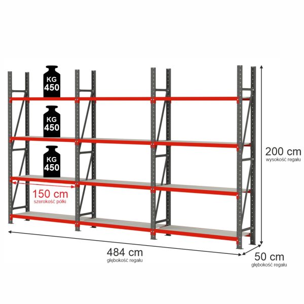 Noliktavas plaukts ar 4 plauktiem Mega-M FORTIS H-200 cm L-484 cm G-50 cm komplekts ( 3 moduļi x 150 cm) N