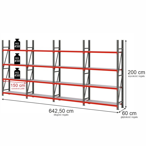 Noliktavas plaukts 4-plauktu Mega-M FORTIS H-200 cm L-642,50 cm G-60 cm komplekts ( 4 moduļi x 150 cm) N