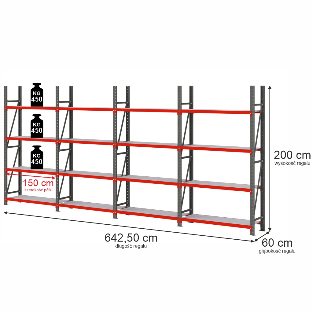 23122025694a754be5e85.jpeg Noliktavas plaukts 4-plauktu Mega-M FORTIS H-200 cm L-642,50 cm G-60 cm komplekts ( 4 moduļi x 150 cm) N - Image 1
