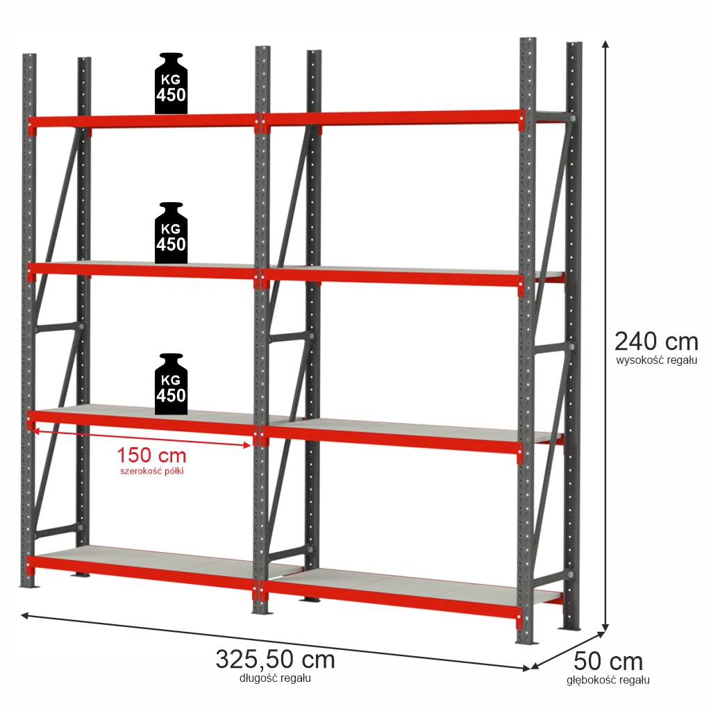 23122025694a754e93479.jpeg Noliktavas plaukts 4 plauktu Mega-M FORTIS H-240 cm L-325,50 cm G-50 cm komplekts ( 2 moduļi x 150 cm) N - Image 1