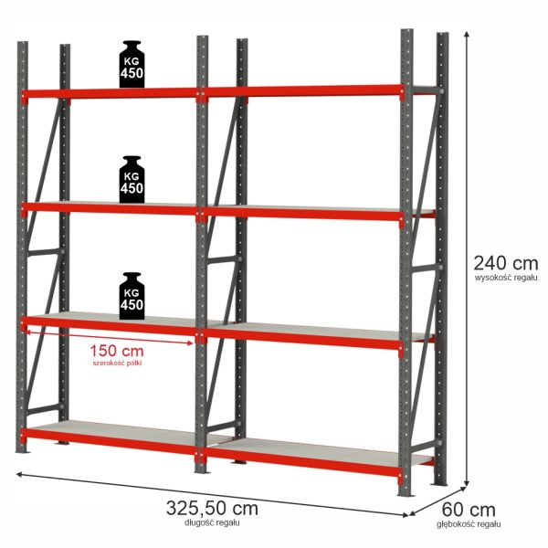 Noliktavas plaukts ar 4 plauktiem Mega-M FORTIS H-240 cm L-325,50 cm G-60 cm komplekts ( 2 moduļi x 150 cm) N