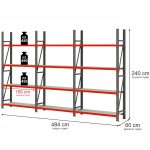 Noliktavas plaukts 4-plauktu Mega-M FORTIS H-240 cm L-484 cm G-60 cm komplekts ( 3 moduļi x 150 cm) N