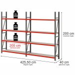 Noliktavas plaukts ar 4 plauktiem Mega-M FORTIS H-200 cm L-425,50 cm G-40 cm komplekts ( 2 moduļi x 200 cm) N
