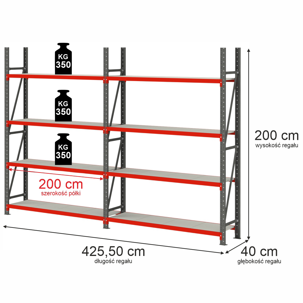 23122025694a7550a3907.jpeg Noliktavas plaukts ar 4 plauktiem Mega-M FORTIS H-200 cm L-425,50 cm G-40 cm komplekts ( 2 moduļi x 200 cm) N - Image 1