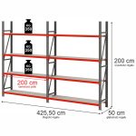 Noliktavas plaukts ar 4 plauktiem Mega-M FORTIS H-200 cm L-425,50 cm G-50 cm komplekts ( 2 moduļi x 200 cm) N