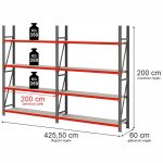 Noliktavas plaukts 4-plauktu Mega-M FORTIS H-200 cm L-425,50 cm G-60 cm komplekts ( 2 moduļi x 200 cm) N