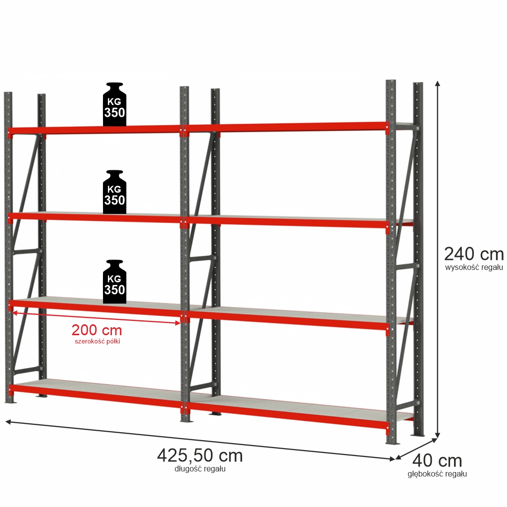 23122025694a75525cca7.jpeg Noliktavas plaukts 4-plauktu Mega-M FORTIS H-240 cm L-425,50 cm G-40 cm komplekts ( 2 moduļi x 200 cm) N - Image 1