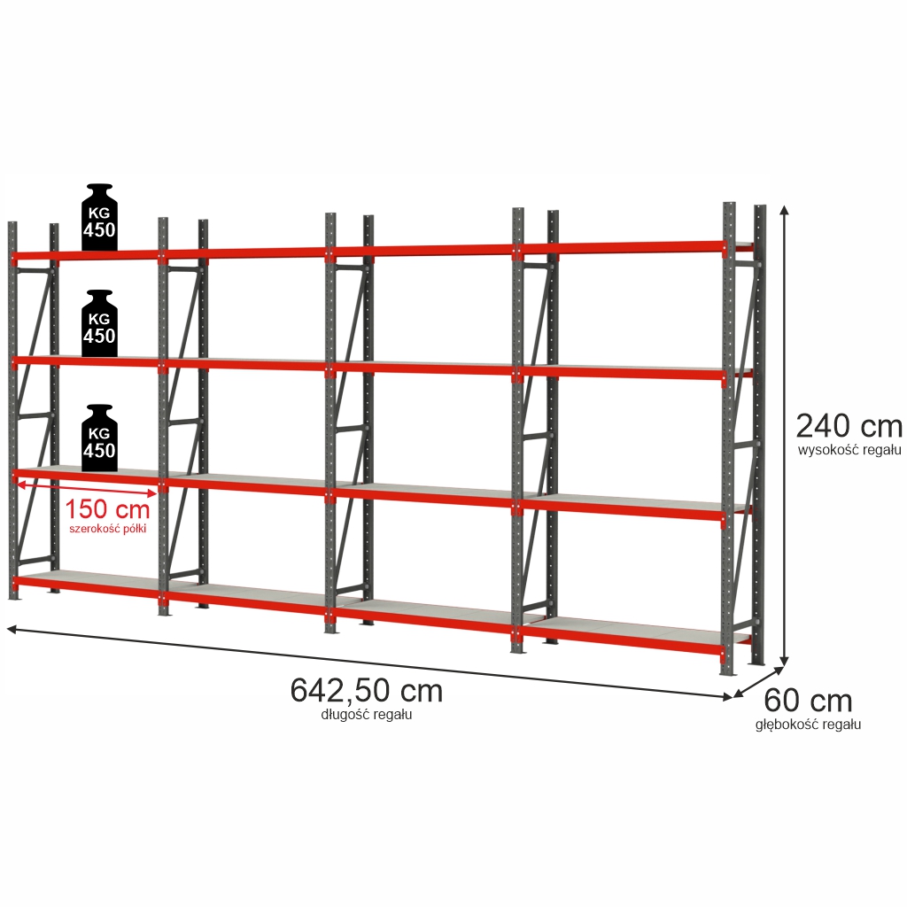 23122025694a7553eb557.jpeg Noliktavas plaukts ar 4 plauktiem Mega-M FORTIS H-240 cm L-642,50 cm G-60 cm komplekts ( 4 moduļi x 150 cm) N - Image 1
