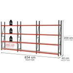 Noliktavas plaukts 4-plauktu Mega-M FORTIS H-200 cm L-634 cm G-40 cm komplekts ( 3 moduļi x 200 cm) N