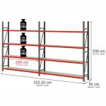 Noliktavas plaukts 4 līmeņu Mega-M FORTIS H-200 cm L-525,50 cm G-50 cm komplekts ( 2 moduļi x 250 cm) N