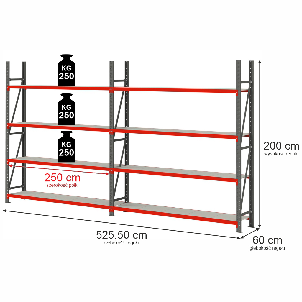 23122025694a7558a6ddc.jpeg Noliktavas plaukts 4-plauktu Mega-M FORTIS H-200 cm L-525,50 cm G-60 cm komplekts ( 2 moduļi x 250 cm) N - Image 1