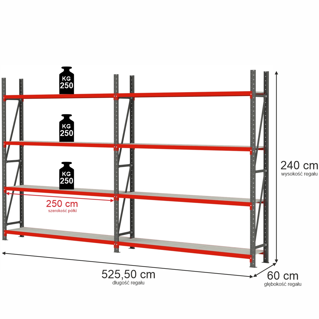 23122025694a755a39a10.jpeg Noliktavas plaukts 4-plauktu Mega-M FORTIS H-240 cm L-525,50 cm G-60 cm komplekts ( 2 moduļi x 250 cm) N - Image 1