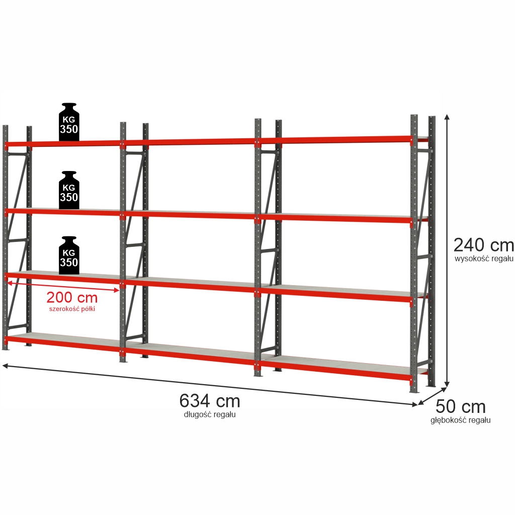 23122025694a755b44c6f.jpeg Noliktavas plaukts ar 4 plauktiem Mega-M FORTIS H-240 cm L-634 cm G-50 cm komplekts ( 3 moduļi x 200 cm) N - Image 1