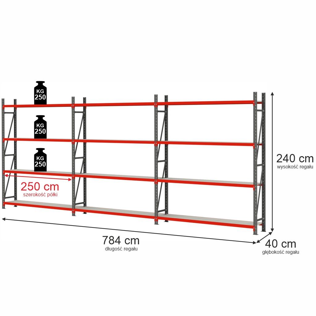 23122025694a755c55e85.jpeg Noliktavas plaukts 4-plauktu Mega-M FORTIS H-240 cm L-784 cm G-40 cm komplekts ( 3 moduļi x 250 cm) N - Image 1