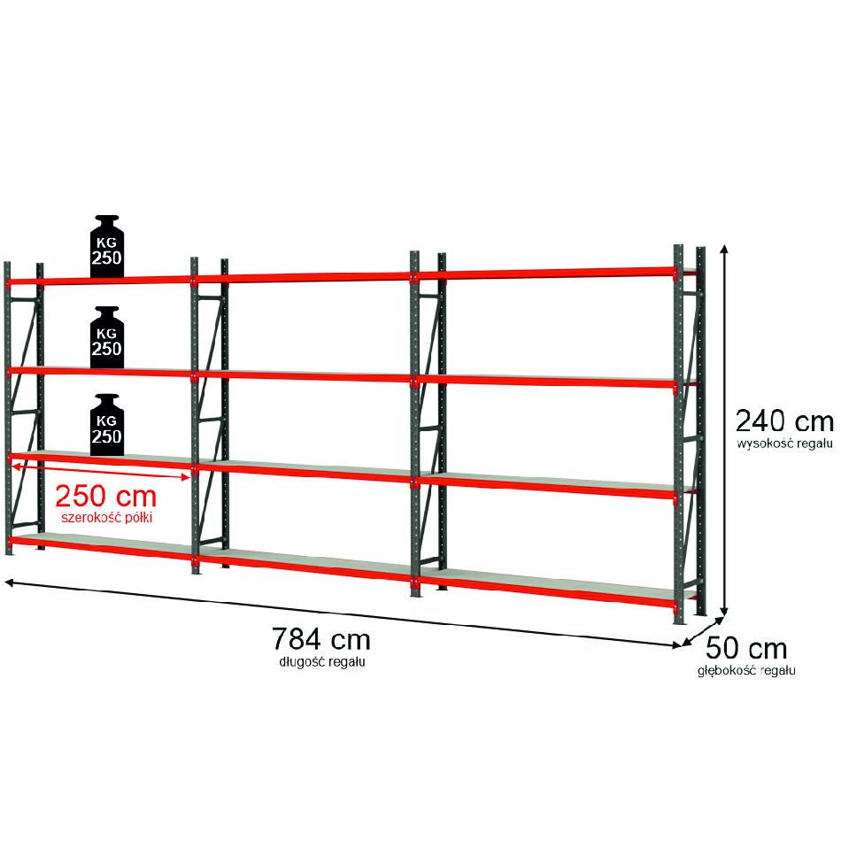 23122025694a755d499cf.jpeg Noliktavas plaukts 4 līmeņu Mega-M FORTIS H-240 cm L-784 cm G-50 cm komplekts ( 3 moduļi x 250 cm) N - Image 1