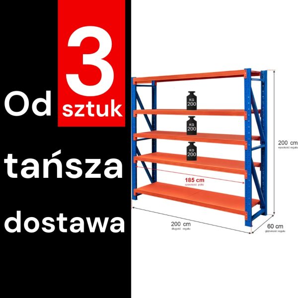 Noliktavas plaukts 5-plauktu Mega-M FORTIS LIGHT H-200 cm L-200 cm G-60 cm bāzes modulis (piegāde uz paletēm) N