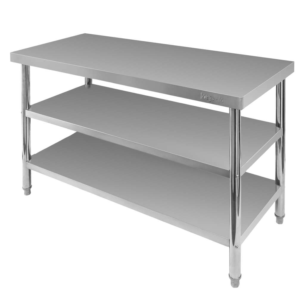 23122025694a75b5b19ac.jpeg Nerūsējošā tērauda centrālais galds ar 2 plauktiem Mega-M X STANDARD S-120 cm G-70 cm H-85 cm N - Image 1