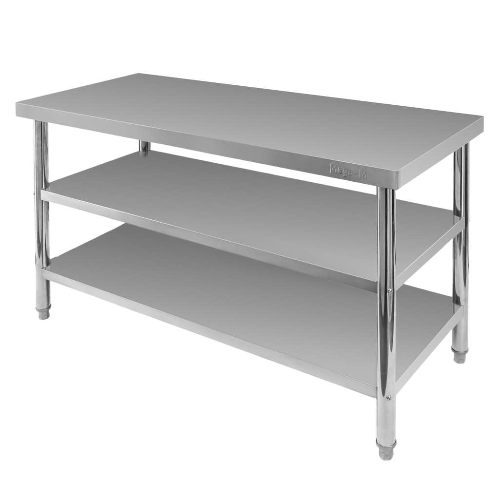 23122025694a75b629ac9.jpeg Nerūsējošā tērauda centrālais galds ar 2 plauktiem Mega-M X STANDARD S-140 cm G-70 cm H-85 cm N - Image 1