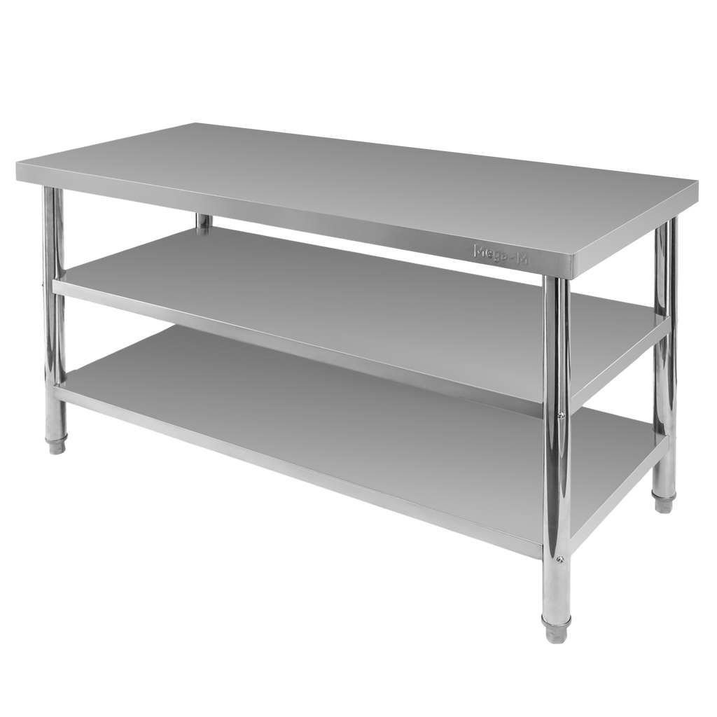23122025694a75b690ed1.jpeg Nerūsējošā tērauda centrālais galds ar 2 plauktiem Mega-M X STANDARD S-150 cm G-70 cm H-85 cm N - Image 1