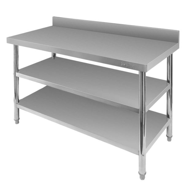 Nerūsējošā tērauda galds pie sienas ar 2 plauktiem Mega-M X STANDARD S-120cm G-70 cm H-85 cm N