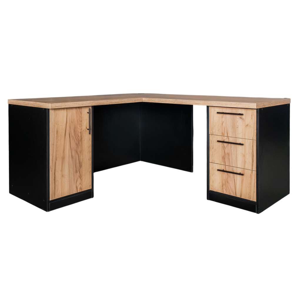 23122025694a764319d8a.jpeg Sienas stūra galds ar skapīti un atvilktnēm Mega-M H- 76 cm L- 160 cm G- 60 cm ozols kraft / melns N - Image 1