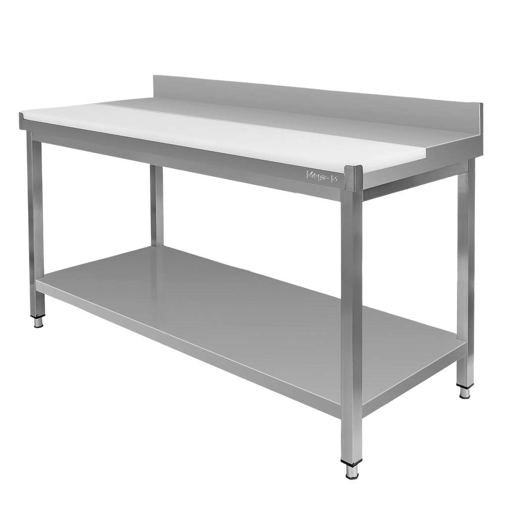 Stol-gastronomiczny-masarski-przyscienny-z-plyta-polietylenowa-i-polka-Mega-M-150cm-MTP008363-MTP008386-1 Miesnieku galds ar polietilēna plāksni un plauktu Mega-M 150x70x85cm - Image 1