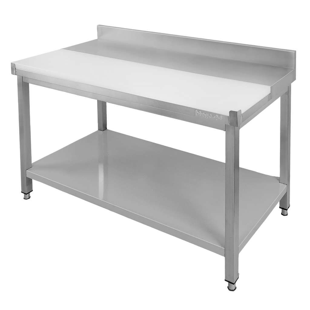 Stol-gastronomiczny-masarski-przyscienny-z-plyta-polietylenowa-i-polka-Mega-M-120-cm-MTP008362-MTP008365-3 Miesnieku galds ar polietilēna plāksni un plauktu Mega-M 120x70x85cm - Image 1